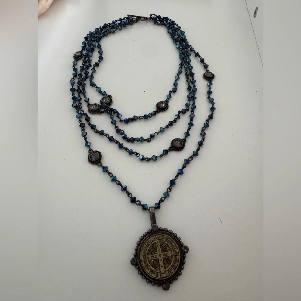 Virgins Saints & Angels Navy Blue and Gunmetal San Benito Medallion Necklace - Picture 5 of 7